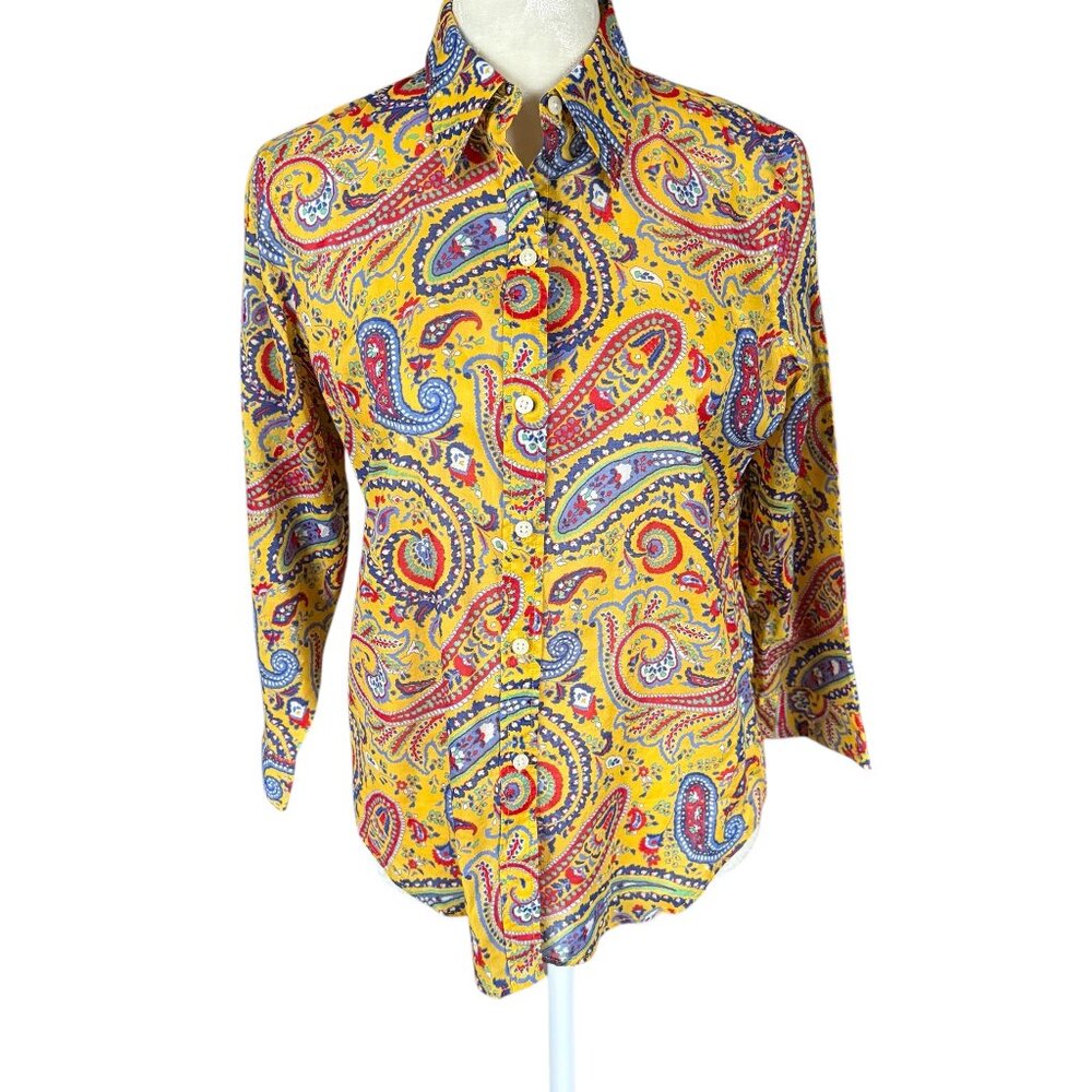 Lauren Ralph Lauren Petite yellow paisley 3/4 sleeve button down shirt size SP